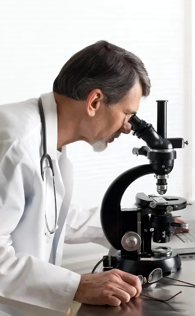 Scientist analyzing AquaSculpt formula under microscope